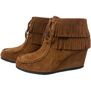 Boho Festival Ankle Boots - Tan Fringe Lace Up Wedge Suede Women's Size 7